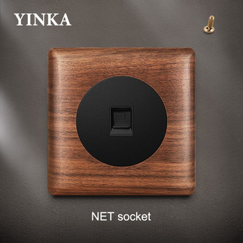 YINKA Wood Brass Toggle Light Switch Panel Home Retro LED Indicator EU FR UK TV TEL Electrical Sockets Vintage Sockets 86mm*86mm