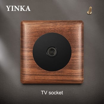 YINKA Wood Brass Toggle Light Switch Panel Home Retro LED Indicator EU FR UK TV TEL Electrical Sockets Vintage Sockets 86mm*86mm