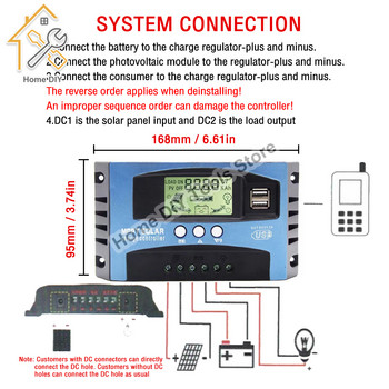 Ελεγκτής ηλιακής φόρτισης 30/40/50/60/100A MPPT Διπλή οθόνη USB LCD 12V 24V Auto Solar Cell Panel Charger Regulator With Load