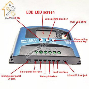 Контролер за слънчево зареждане 30/40/50/60/100A MPPT Двоен USB LCD дисплей 12V 24V Автоматичен панел за слънчеви клетки Регулатор на зарядно устройство с товар