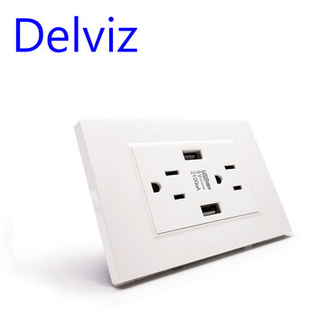 Delviz US Standard Υποδοχή USB, 2A Διπλή θύρα φορτιστή USB, πάνελ 120mm*70mm, American AC 110~250V, Ενσωματωμένη πρίζα 15Α στον τοίχο
