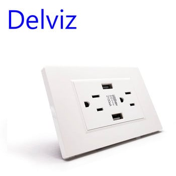 Delviz US стандартен USB контакт, 2A двоен USB порт за зарядно устройство, 120mm*70mm панел, американски AC 110~250V, стенен вграден 15A електрически контакт