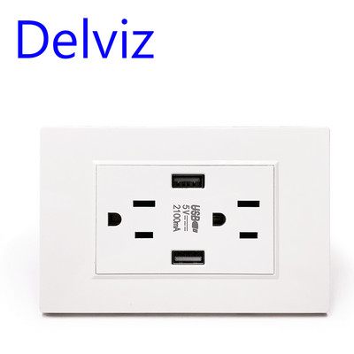 „Delviz US“ standartinis USB lizdas, 2A dvigubas USB įkroviklio prievadas, 120 mm * 70 mm skydelis, amerikietiška kintamoji srovė 110–250 V, sieninis 15A maitinimo lizdas