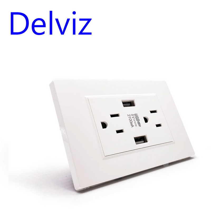 Štandardná USB zásuvka Delviz pre USA, 2A duálny USB port na nabíjanie, panel 120 mm * 70 mm, americké AC 110 ~ 250 V, nástenná 15 A elektrická zásuvka
