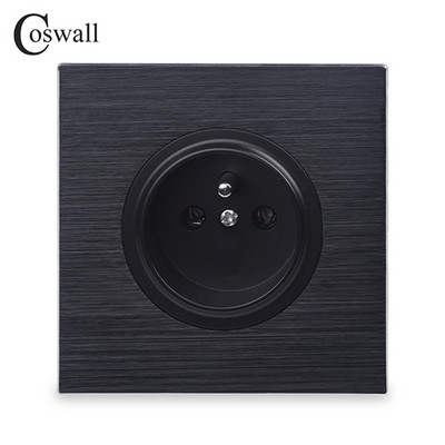 Coswall melns / sudrabaini pelēks matēts alumīnija panelis franču poļu sienas strāvas kontaktligzda, iezemēta ar bērnu aizsardzības slēdzeni