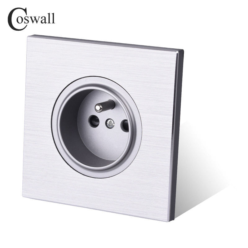 Coswall melns / sudrabaini pelēks matēts alumīnija panelis franču poļu sienas strāvas kontaktligzda, iezemēta ar bērnu aizsardzības slēdzeni