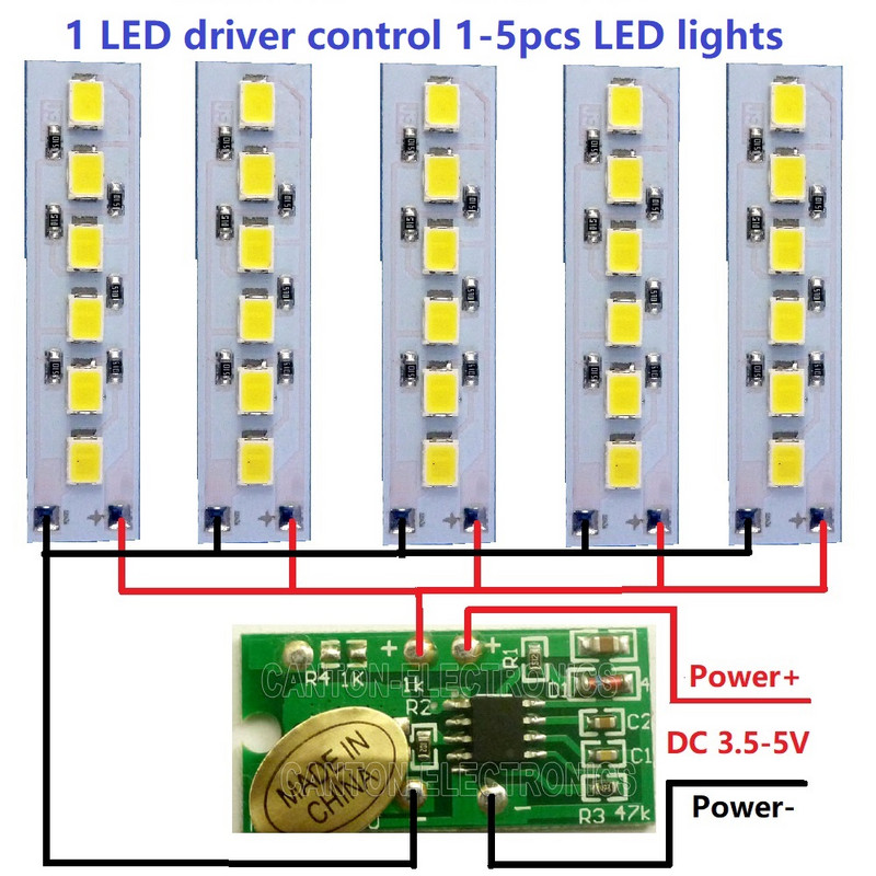 1x 3,5-5V 2A Touch Switch LED illesztőprogram vezérlő USB mobil tápellátáshoz 18650 lítium akkumulátor és 5x DC 3,7 V 5 V 1,2 W fehér LED lámpa