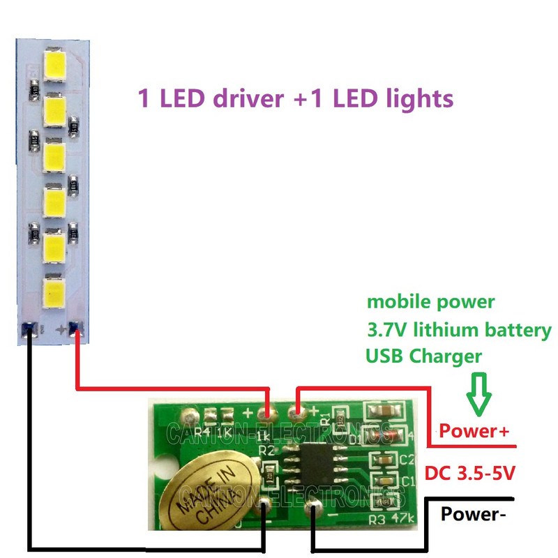 1x 3,5-5V 2A Touch Switch LED illesztőprogram vezérlő USB mobil tápellátáshoz 18650 lítium akkumulátor és 5x DC 3,7 V 5 V 1,2 W fehér LED lámpa