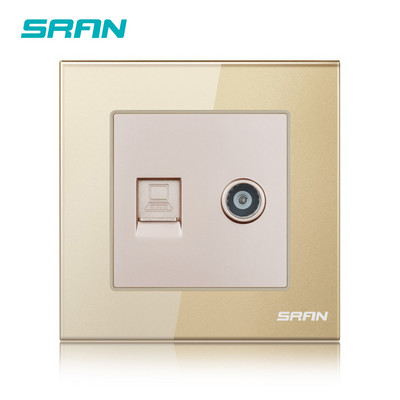 SRAN 2Gang RJ45 un televizora sienas kontaktligzda Kristāla rūdīta stikla panelis 86*86mm CAT5 interneta un televīzijas saskarneElektriskās kontaktligzdas