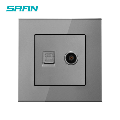 SRAN 2Gang RJ45 un televizora sienas kontaktligzda Kristāla rūdīta stikla panelis 86*86mm CAT5 interneta un televīzijas saskarneElektriskās kontaktligzdas