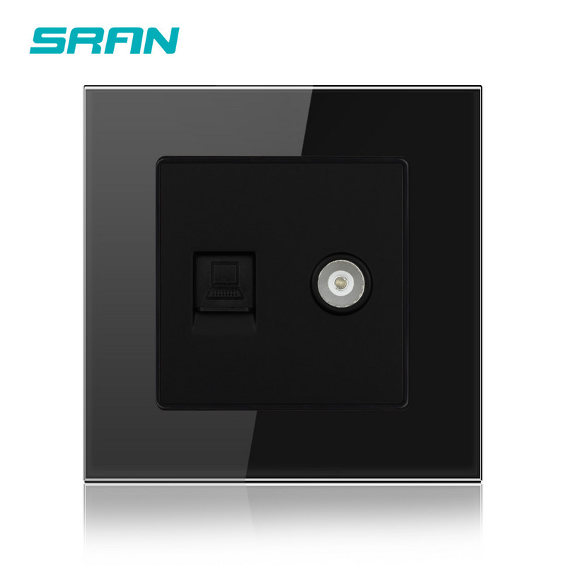 SRAN 2Gang RJ45 un televizora sienas kontaktligzda Kristāla rūdīta stikla panelis 86*86mm CAT5 interneta un televīzijas saskarneElektriskās kontaktligzdas