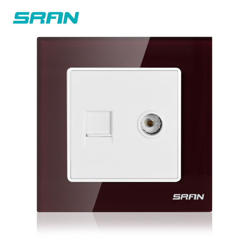 SRAN 2Gang RJ45 un televizora sienas kontaktligzda Kristāla rūdīta stikla panelis 86*86mm CAT5 interneta un televīzijas saskarneElektriskās kontaktligzdas