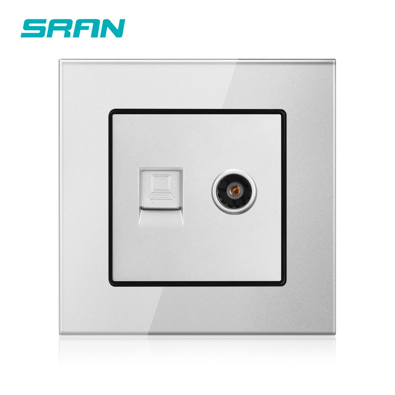 SRAN 2Gang RJ45 un televizora sienas kontaktligzda Kristāla rūdīta stikla panelis 86*86mm CAT5 interneta un televīzijas saskarneElektriskās kontaktligzdas