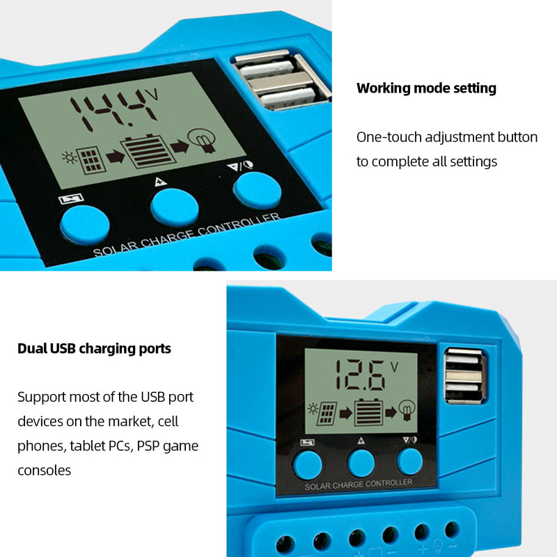 Päikeseenergia laadimise kontroller 10A/20A/30A PV PWM regulaator LCD-ekraaniga plii-happe/liitium-ioonaku päikesepaneeli kontrollerid