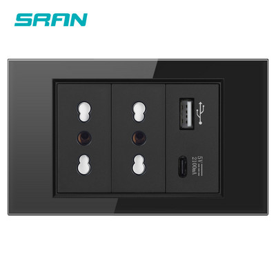 Štandardná zástrčka SRAN Taliansko Čile s USB a Type-C 5V 2A, 118mm * 72mm krištáľové sklo, 16A 250V, zásuvka
