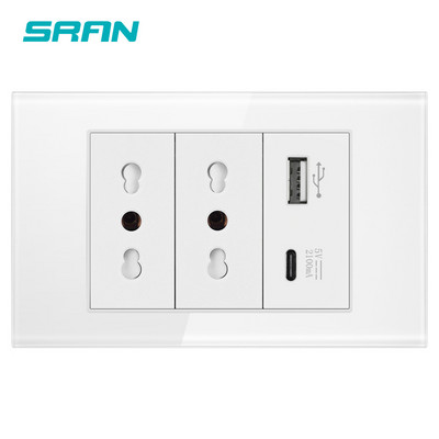 Štandardná zástrčka SRAN Taliansko Čile s USB a Type-C 5V 2A, 118mm * 72mm krištáľové sklo, 16A 250V, zásuvka