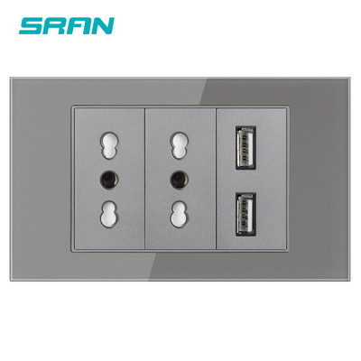 Štandardná zástrčka SRAN Taliansko Čile s USB a Type-C 5V 2A, 118mm * 72mm krištáľové sklo, 16A 250V, zásuvka