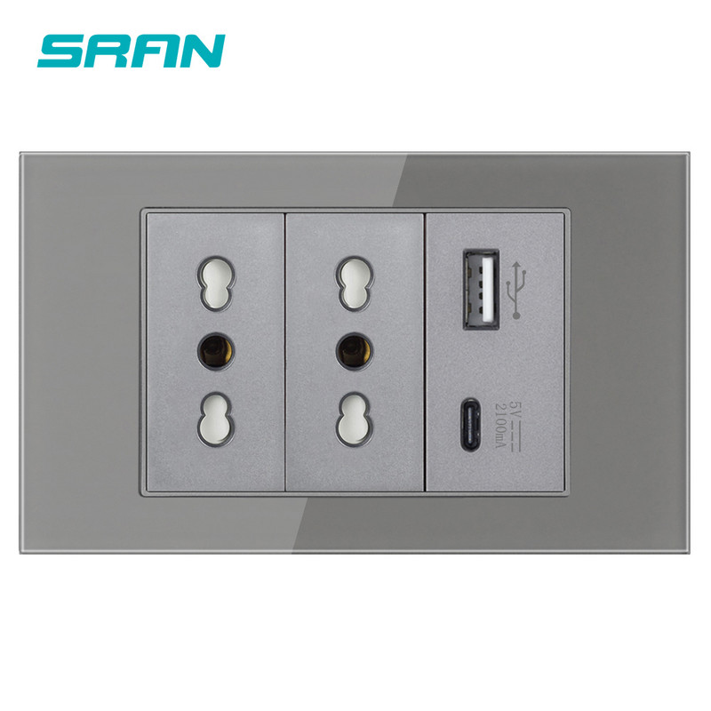 Štandardná zástrčka SRAN Taliansko Čile s USB a Type-C 5V 2A, 118mm * 72mm krištáľové sklo, 16A 250V, zásuvka