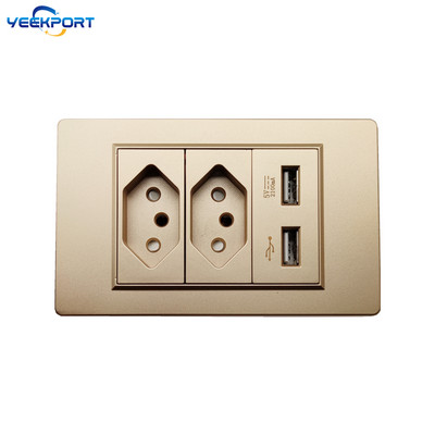 118 mm brazílska štandardná 3-cestná zlatá PC horľavosť panel 10A 3-dierková zásuvka s 2 USB portami