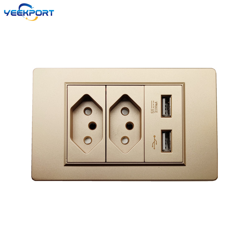 118 mm brazílska štandardná 3-cestná zlatá PC horľavosť panel 10A 3-dierková zásuvka s 2 USB portami