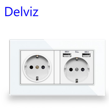 Delviz Tempered Glass Socket, EU Standard Socket, 146mm x 86mm Crystal panel, 2A Dual USB Charging Port, 16A Power Wall USB Socket