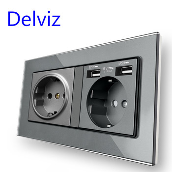 Букса от закалено стъкло Delviz, стандартна гнездо на ЕС, 146 mm x 86 mm кристален панел, 2 A двоен USB порт за зареждане, 16 A Power Wall USB гнездо