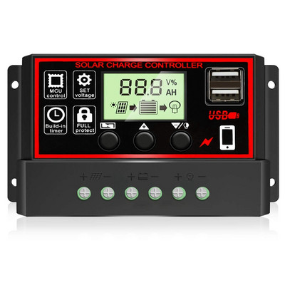 Controler de încărcare solară 30A, regulator inteligent de baterie cu panou solar cu port USB dublu 12V/24V PWM Paremetru automat