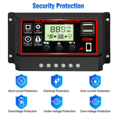 30A solárny regulátor nabíjania, inteligentný regulátor batérie solárneho panela s dvojitým USB portom, 12V/24V PWM automatický parametremeter