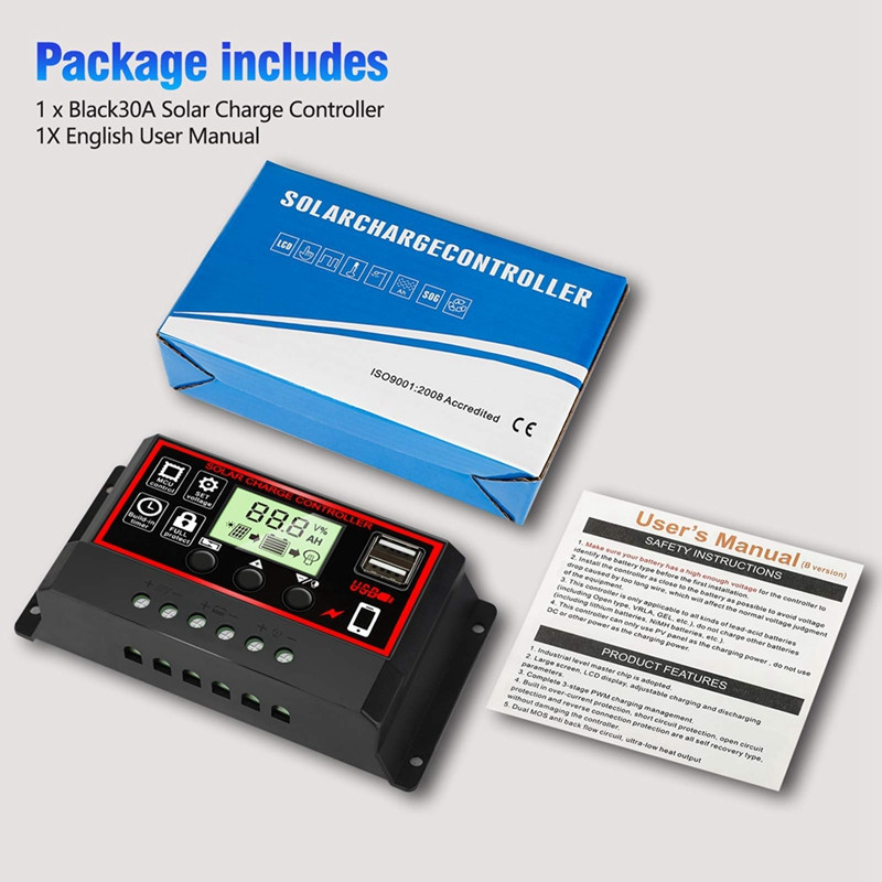 30A solárny regulátor nabíjania, inteligentný regulátor batérie solárneho panela s dvojitým USB portom, 12V/24V PWM automatický parametremeter