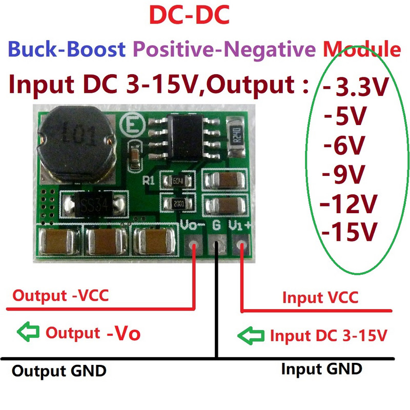 Menič napätia 200 – 500 mA +/- Napájací zdroj s kladným na záporným pólom, DC-DC boost-buck modul +3~+15 V až -3,3 V -5 V -6 V -9 V -12 V – 15 V