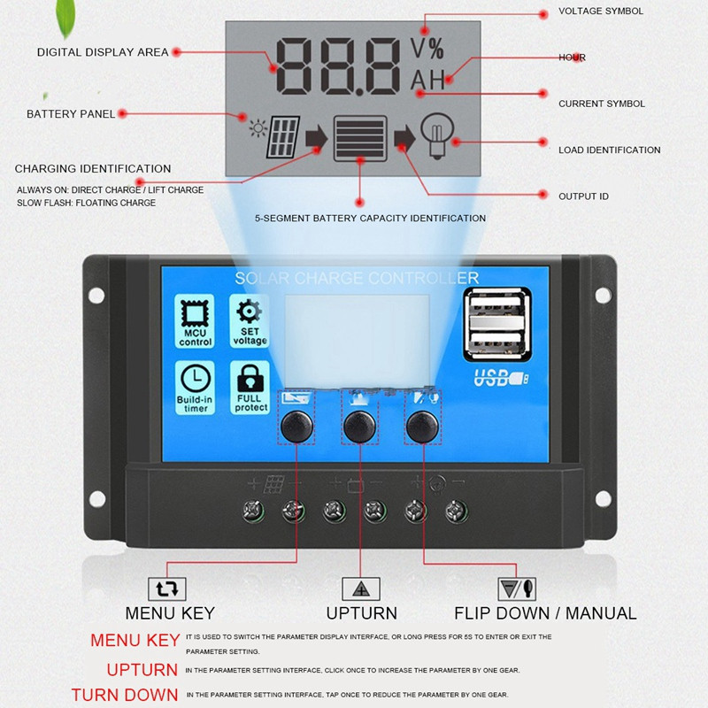 Päikeseenergia laadimise kontroller PWM kontrollerid 12 V 24 V automaatne LCD LCD ekraan, topelt USB 5 V väljund päikesepaneeli PV regulaator