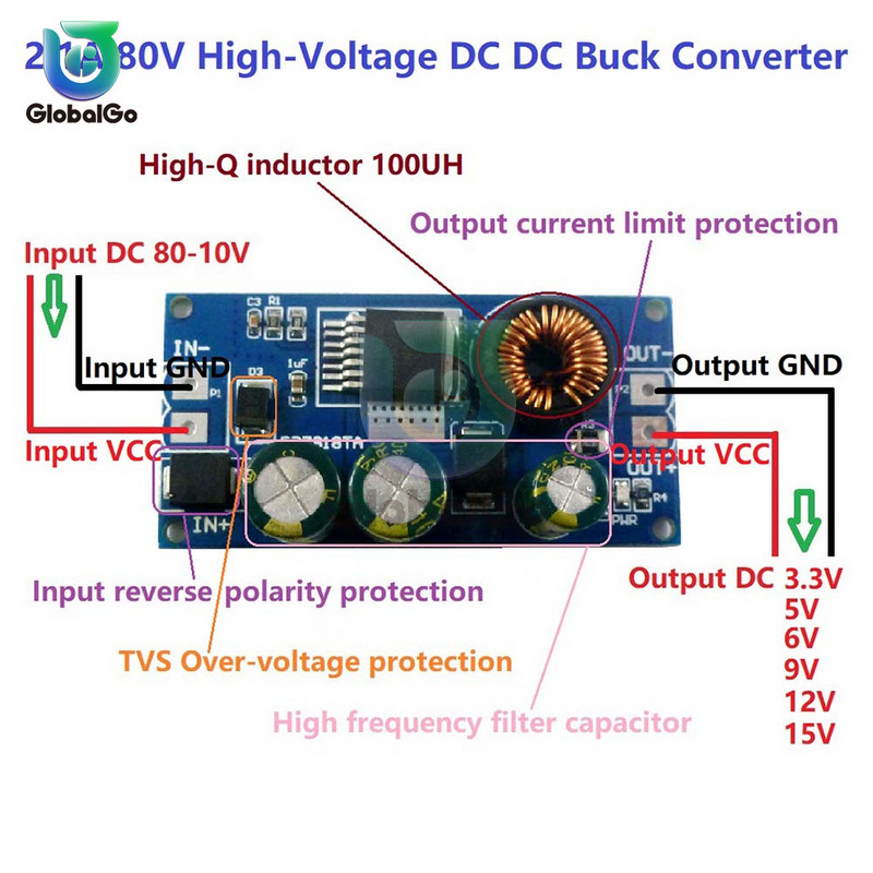 2,1 A kõrgepinge EBike alalis-alalisvoolu muunduri astmeline regulaatori moodul 80 V 72 V 64 V 60 V 48 V 36 V 24 V kuni 15 V 12 V 9 V 6 V 5 V 3,3 V