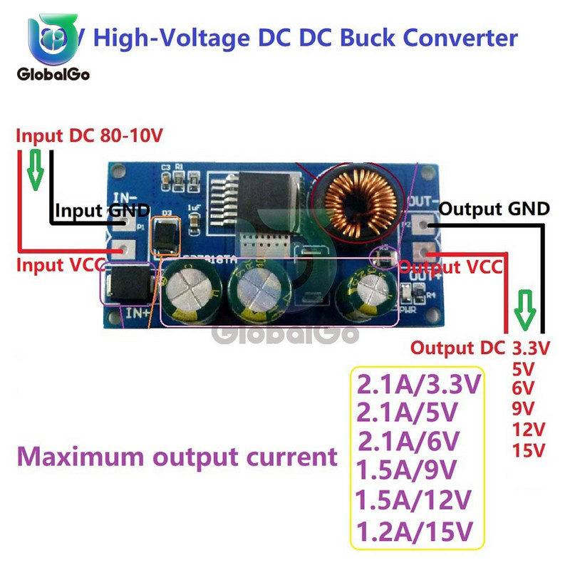 2,1 A kõrgepinge EBike alalis-alalisvoolu muunduri astmeline regulaatori moodul 80 V 72 V 64 V 60 V 48 V 36 V 24 V kuni 15 V 12 V 9 V 6 V 5 V 3,3 V