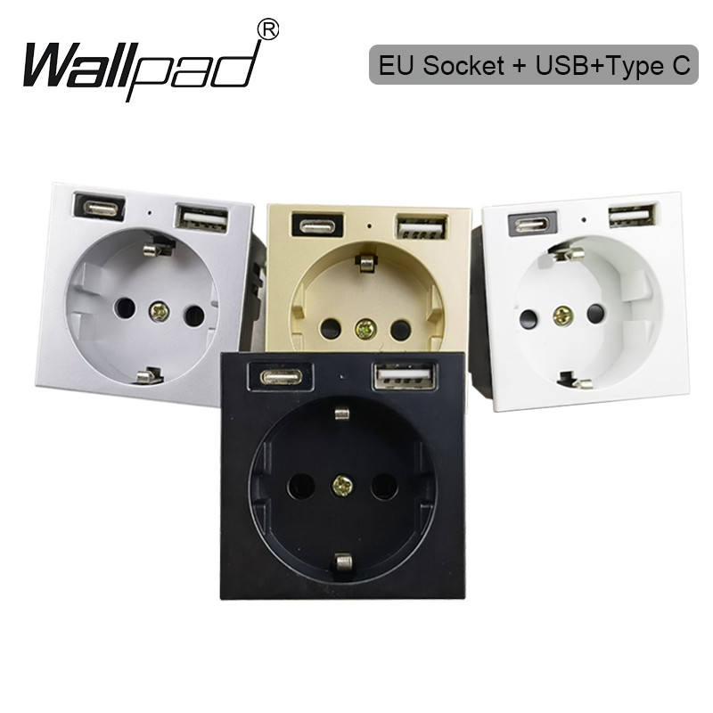 Zásuvka EÚ s káblom USB typu C, nabíjačka, elektrická zásuvka 2400 mAh, funkčné tlačidlo typu C, iba pre modul, 52 * 52 mm nástenná podložka