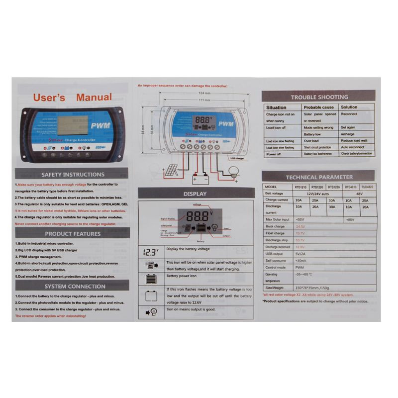 PWM 30A USB saulės kolektorių įkrovimo valdiklis 12V 24V automatinis LCD reguliatorius RTD