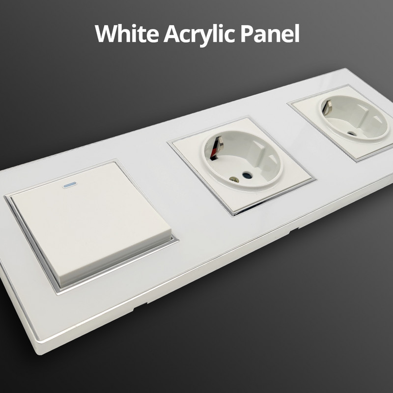 Tapéta Fehér akril panel ezüst szegélyű fali lámpa kapcsoló funkciógombbal, csak barkácsolásmentes kombináció 52*52mm