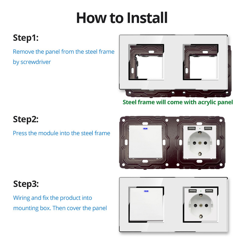Tapéta Fehér akril panel ezüst szegélyű fali lámpa kapcsoló funkciógombbal, csak barkácsolásmentes kombináció 52*52mm