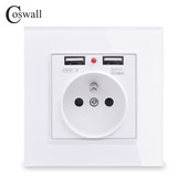COSWALL 2020 Nová nástenná zásuvka s uzemnením 16A francúzskeho štandardu s dvojitým USB portom pre nabíjanie mobilných zariadení 2100mA