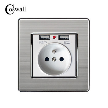 COSWALL 2020 Нов стенен захранващ контакт, заземен 16A френски стандартен електрически контакт с 2100mA двоен USB порт за зарядно устройство за мобилни устройства