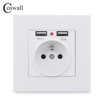 COSWALL 2020 Νέα πρίζα τοίχου με γείωση 16A French Standard ηλεκτρική πρίζα με διπλή θύρα φόρτισης USB 2100mA για κινητά