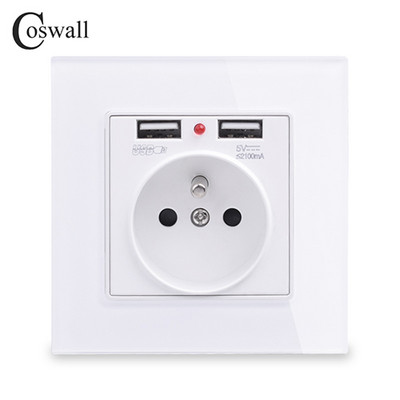 COSWALL 2020 Nová nástenná zásuvka s uzemnením 16A francúzskeho štandardu s dvojitým USB portom pre nabíjanie mobilných zariadení 2100mA