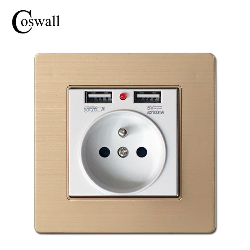 COSWALL 2020 Nová nástenná zásuvka s uzemnením 16A francúzskeho štandardu s dvojitým USB portom pre nabíjanie mobilných zariadení 2100mA