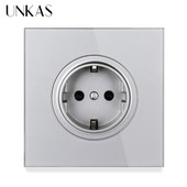 UNKAS 16A štandardná zásuvka EÚ, sivý krištáľový sklenený panel 86MM*86MM uzemnená s detskou poistkou, sivá zásuvka