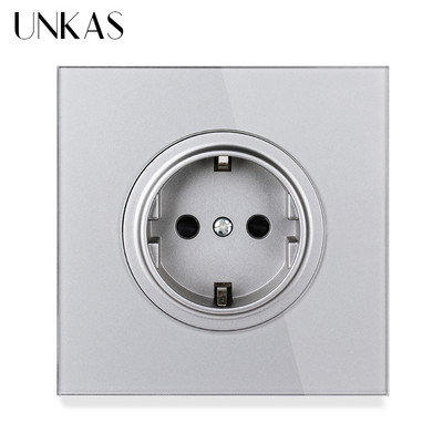 UNKAS 16A štandardná zásuvka EÚ, sivý krištáľový sklenený panel 86MM*86MM uzemnená s detskou poistkou, sivá zásuvka