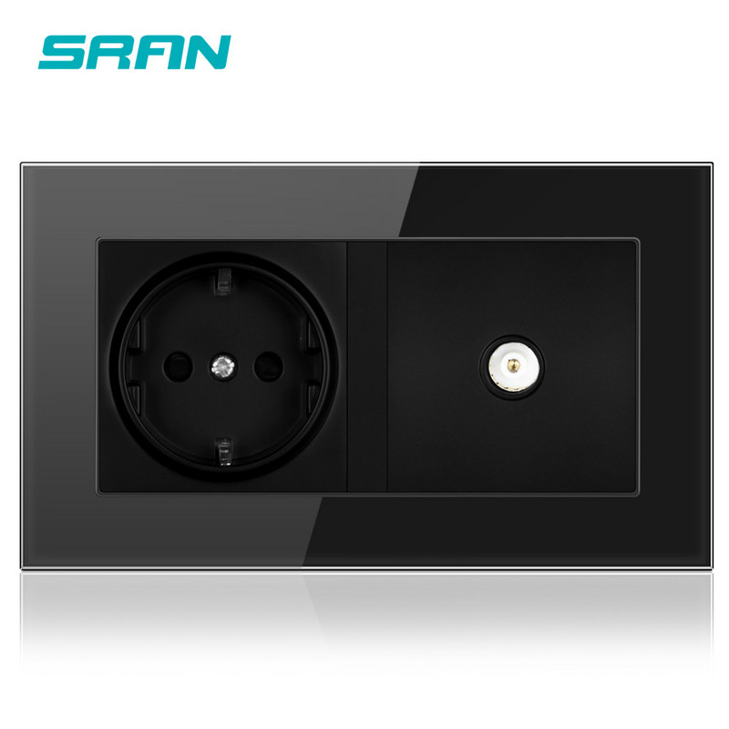 SRAN 16A Rusko Španielsko Štandardná zásuvka EÚ Uzemnená so zástrčkou pre TV Jack, tvrdené krištáľové sklo