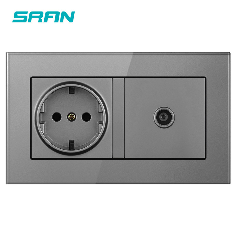 SRAN 16A Rusko Španielsko Štandardná zásuvka EÚ Uzemnená so zástrčkou pre TV Jack, tvrdené krištáľové sklo