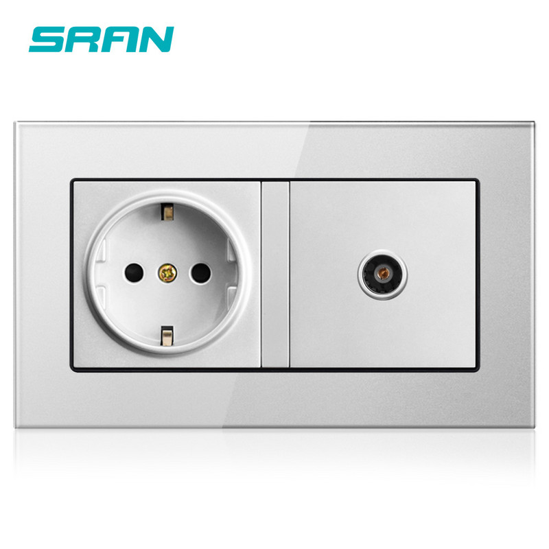 SRAN 16A Rusko Španielsko Štandardná zásuvka EÚ Uzemnená so zástrčkou pre TV Jack, tvrdené krištáľové sklo