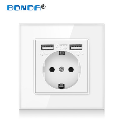 USB zásuvka do steny, EÚ napájacia zástrčka, dvojitá USB nabíjačka, nástenná zásuvka 16A 2100ma, elektrické zásuvky AC100-250V, tvrdené krištáľové sklo