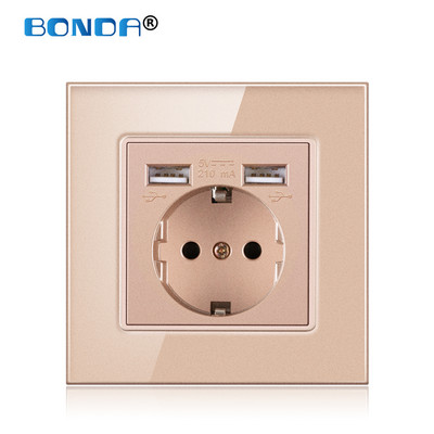 USB zásuvka do steny, EÚ napájacia zástrčka, dvojitá USB nabíjačka, nástenná zásuvka 16A 2100ma, elektrické zásuvky AC100-250V, tvrdené krištáľové sklo