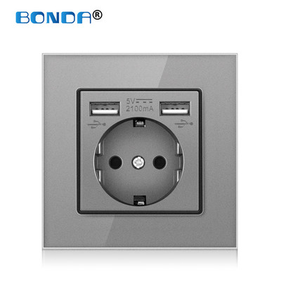 USB zásuvka do steny, EÚ napájacia zástrčka, dvojitá USB nabíjačka, nástenná zásuvka 16A 2100ma, elektrické zásuvky AC100-250V, tvrdené krištáľové sklo